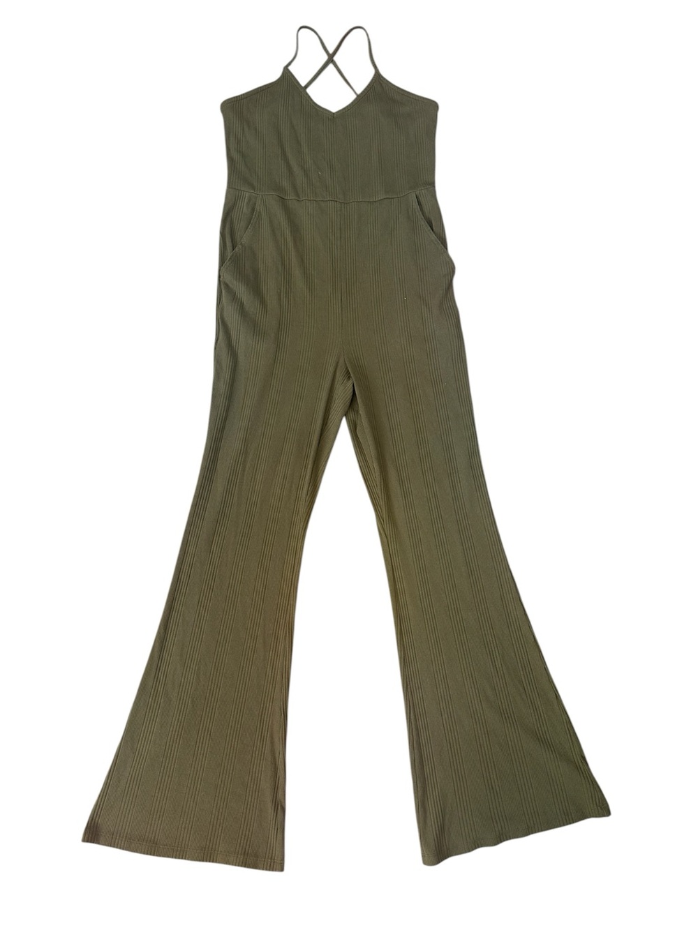 Aerie Kick It Olive Ribbed Crisscross Strap Flare Leg Jumpsuit size L